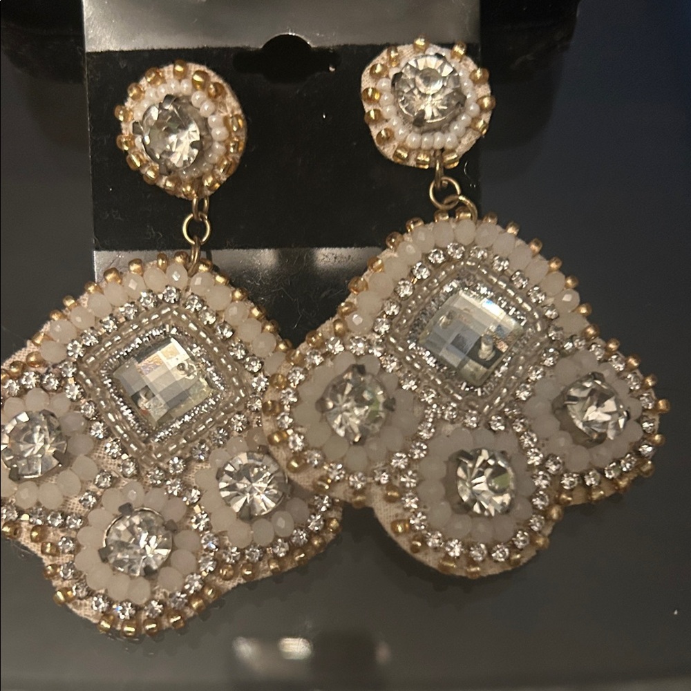 Gold-Tone White Crystal Statement Drop Earrings - Picture 7 of 10